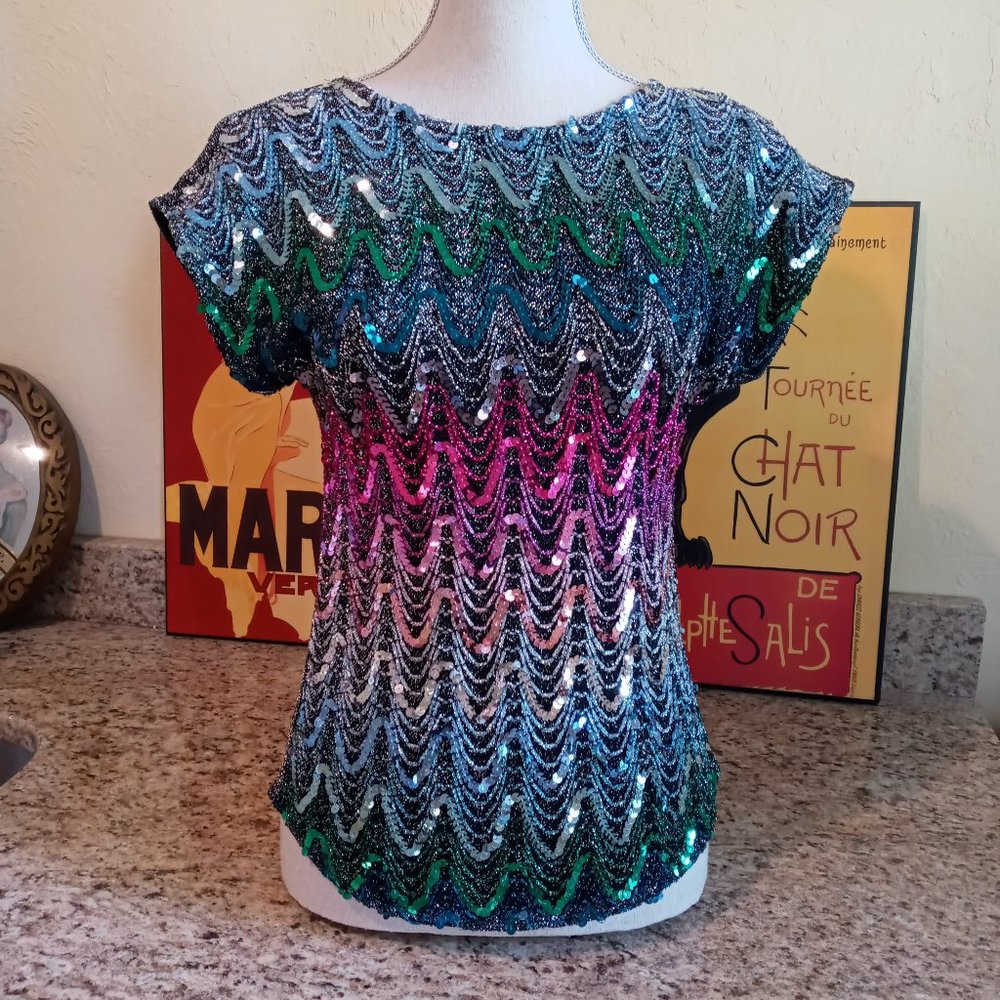 Vintage 80s Copy Cats Sequin Metallic Multi-Color Top